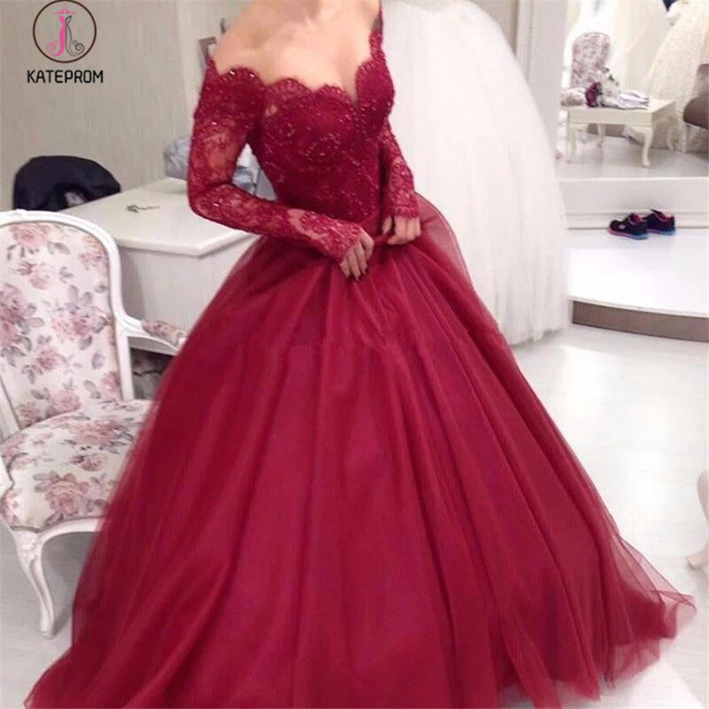 Burgundy Off the Shoulder Long Sleeve Applique Tulle Evening Dress,Long Prom Dress KPP0364