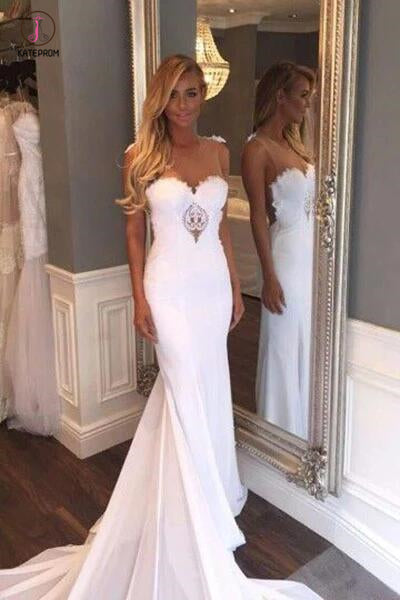 Mermaid Sexy Sheer Neck Wedding Dresses with Lace, Unique Ivory Bridal Dress KPW0209