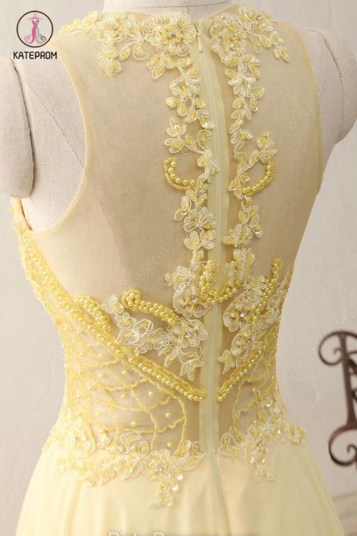 A Line Jewel Sleeveless Appliqued Prom Dress with Beading,Yellow Chiffon Evening Dress KPP0469