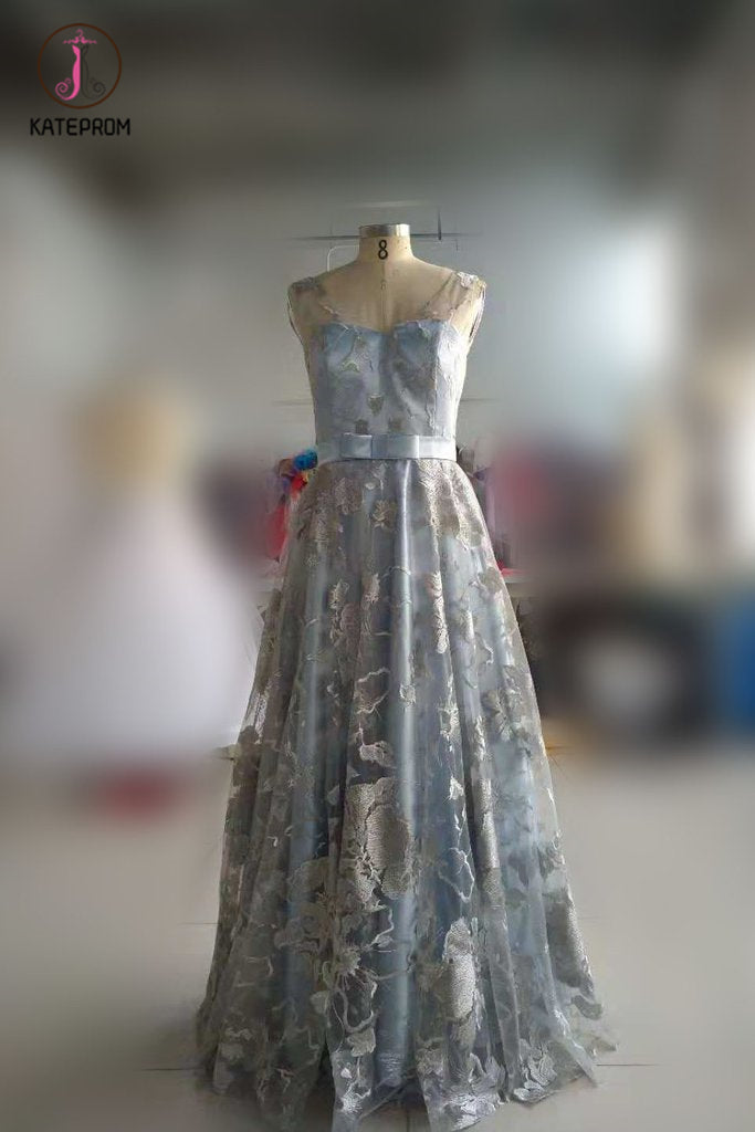 Light Blue Sleeveless Prom Dress with Lace, Lace Floor Length Evening Dresses KPP0536