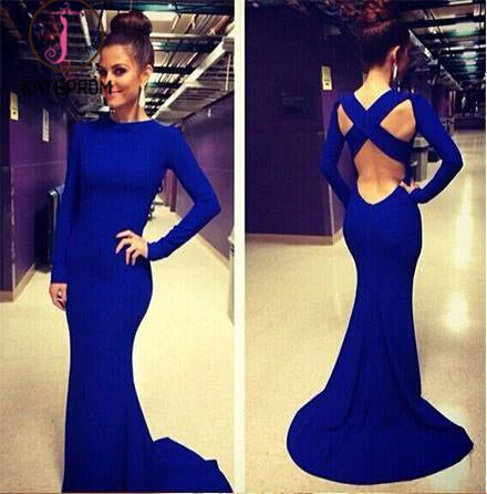 Long Sleeves Backless White Mermaid Prom Dress,High Neck Royal Blue Graduation Dress KPP0152