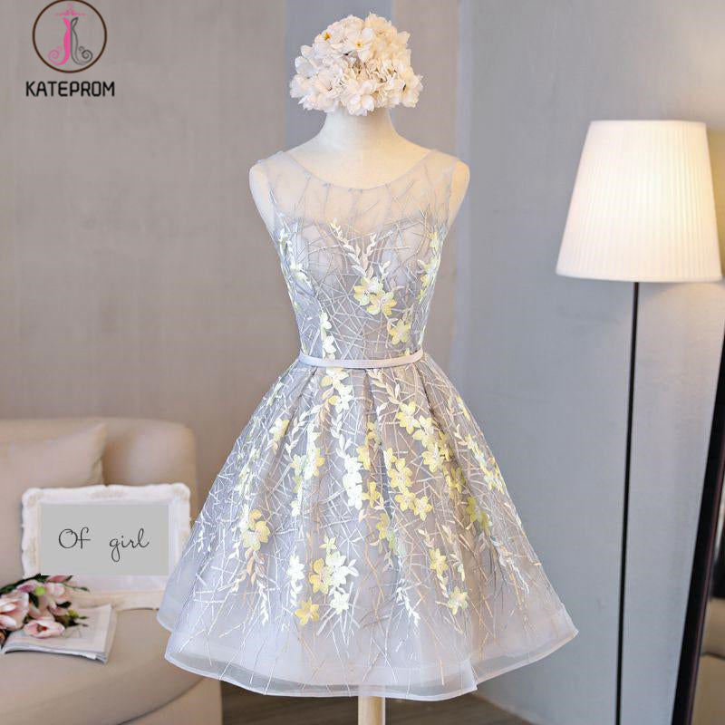 Appliqued A line Tulle Lace Short Prom dress,Sleeveless Homecoming Dresses with Belt KPH0233