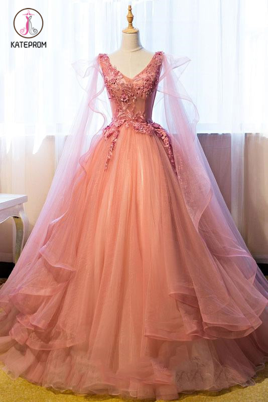 Ball Gown V-Neck Appliques Beading Floor-Length Quinceanera Ball Gown Tulle Prom Dress KPP0591