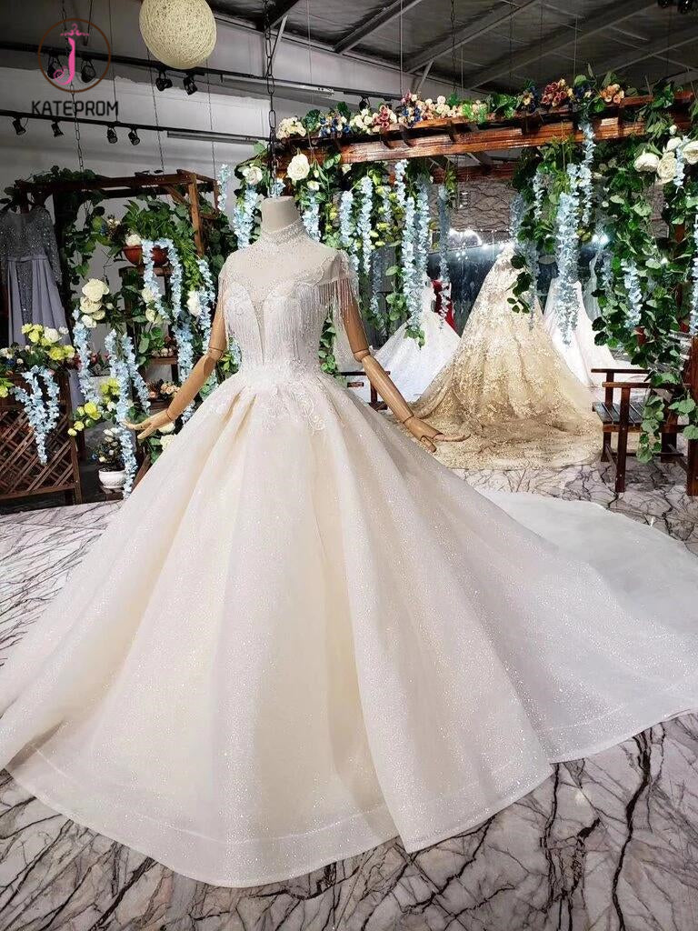 Off White High Neck Ball Gown Wedding Dresses, Open Back Beaded Bridal Dresses KPW0337