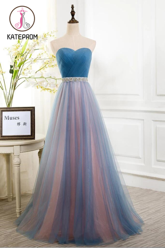 Sexy Pleated Sweetheart A Line Tulle Prom Dress with Beads Sashes KPP0149