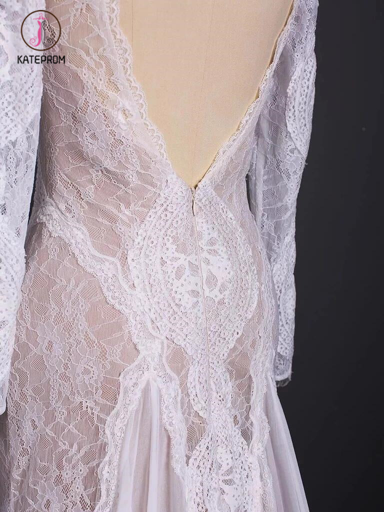 Column Lace Bridal Dress, Long Sleeves Backless Boho Beach Wedding Dresses KPW0412