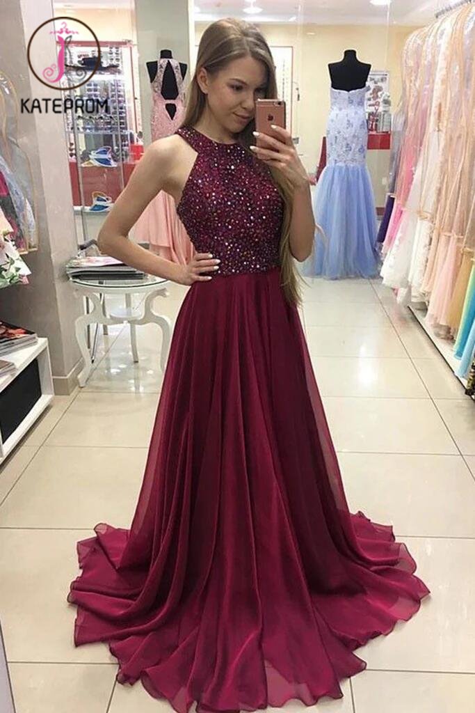 Long Prom Dress Halter Neckline,Chiffon O-neck Long Dress with Rhinestones, Graduation Dresses KPP0167
