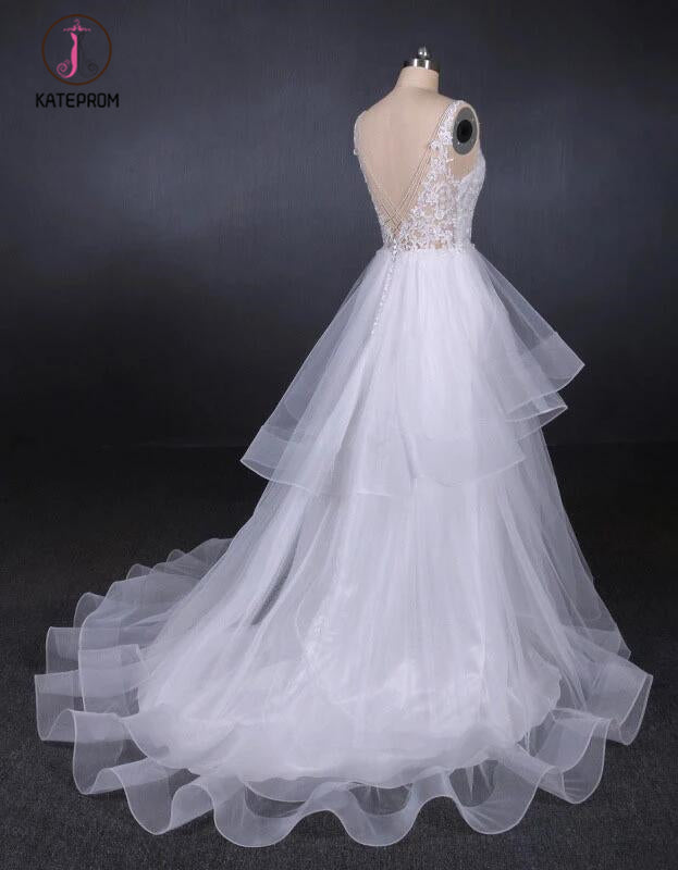 Unique V Neck Sleeveless Tulle Wedding Dresses, Asymmetrical Long Bridal Dresses KPW0470
