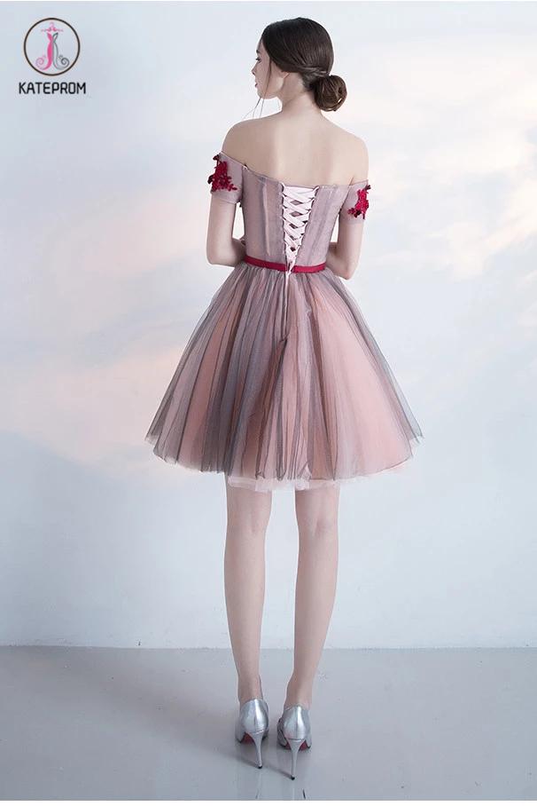 Off-the-shoulder Cocktail Dress,Short Homecoming Dress With Red Appliques,Mini Dress With Belt KPH0143