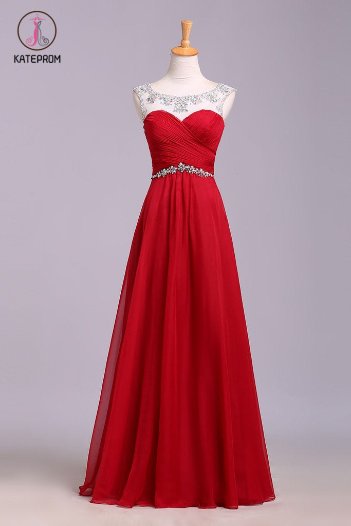 Red Floor Length Chiffon Prom Dress with Crystals, A Line Pleated Evening Dress KPP0568