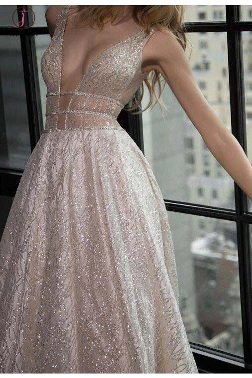 Sexy A-Line Deep V-Neck Court Train Backless Prom Dress with Sequins,Party Dress KPP0424