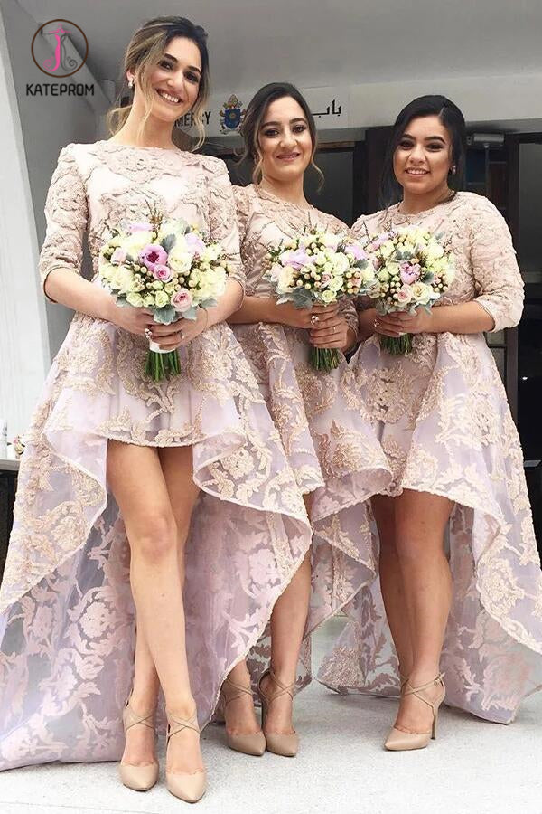 A-Line High Low Sweep Train 3/4 Sleeves Organza Bridesmaid Dress with Appliques KPB0155