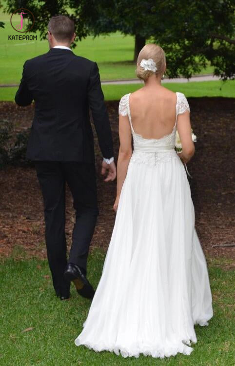 V-neck A-line Cap Sleeves Lace Ivory Chiffon Beach Wedding Dress KPW0019