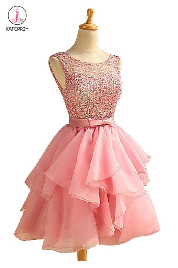 Scoop Above-knee Pink Chiffon Homecoming Dresses With Lace Ruched KPH0129