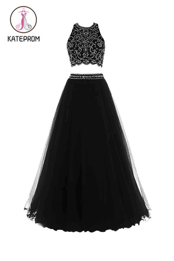 Two Piece Red Floor-Length Backless Tulle Long Prom/Party Dress KPP0124