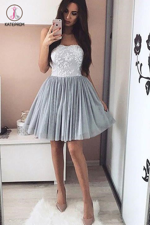 Elegant Tulle Homecoming Dresses,Appliques Short Prom Dresses,Strapless Cocktail Dresses KPH0187