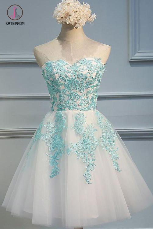 Ivory Sweetheart Homecoming Dress with Mint Appliques, Strapless Tulle Short Party Dress KPH0226