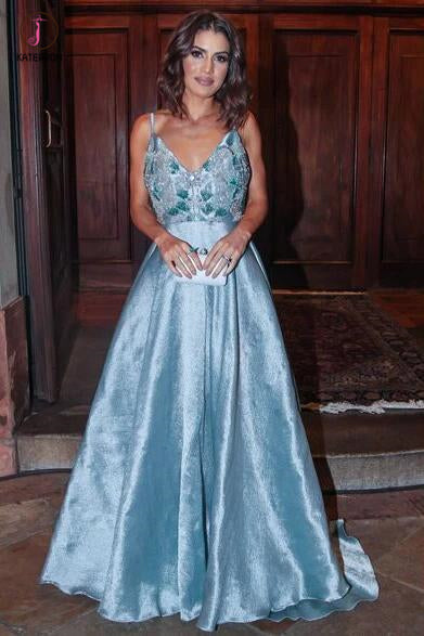 Light Blue Spaghetti Straps V Neck Beading Prom Dress,Long Backless Evening Gown KPP0427