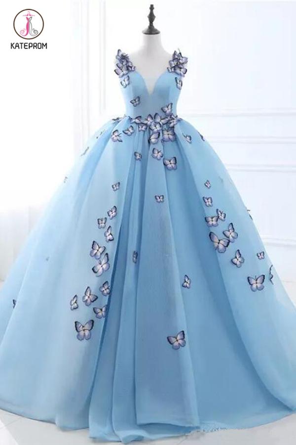 Sky Blue V-neck Butterfly Flowers Ball Gowns Long Prom Dress,Puffy Event Gowns KPP0489