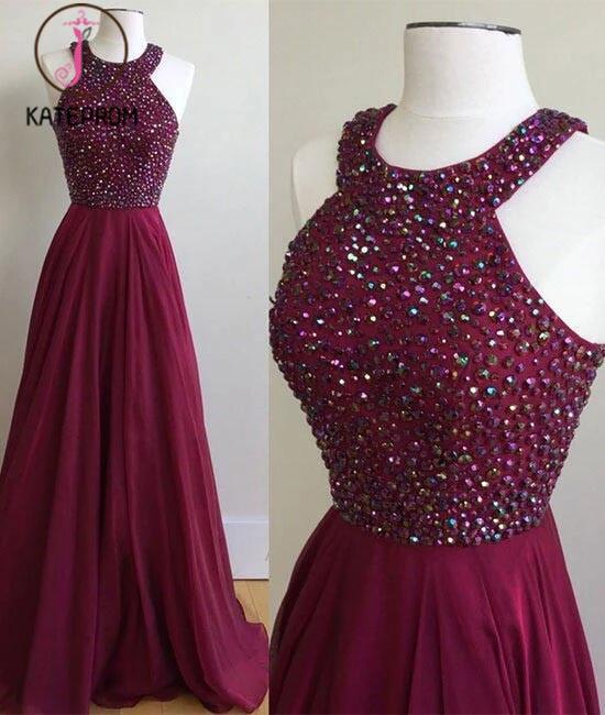 Long Prom Dress Halter Neckline,Chiffon O-neck Long Dress with Rhinestones, Graduation Dresses KPP0167