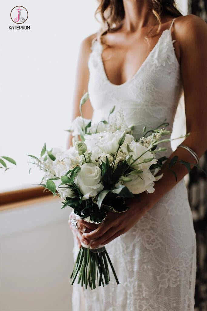 Romantic Boho Deep U Neck Wedding Dresses Backless Lace Mermaid Wedding Gown KPW0189