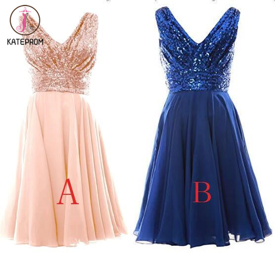 Blush Pink V Neck Sleeveless Chiffon Short Bridesmaid Dress with Rose Gold Sequins,Prom Gown KPB0013