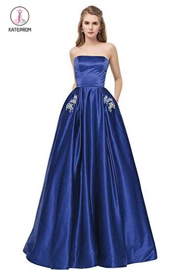 Royal Blue Strapless Bridesmaid Dress with Pockets, A Line Satin Prom Dress with Beads KPB0185