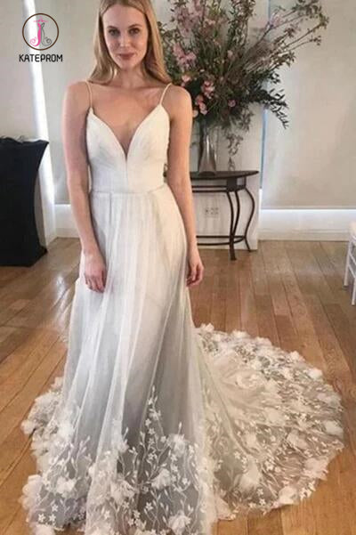 Spaghetti Strap V Neck Tulle Wedding Dress with Lace Appliques, Long Prom Dresses KPW0539