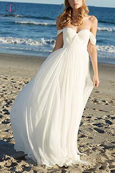 Flowy Off the Shoulder Chiffon Beach Wedding Dress, Simple Long Pleated Bridal Dress KPW0278