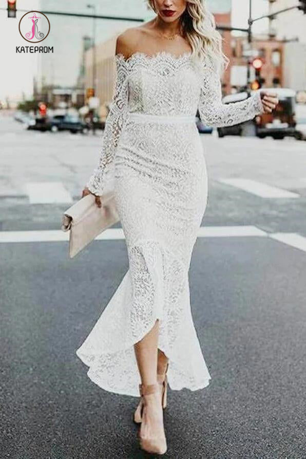 High Low Long Sleeves Mermaid Lace Wedding Dress, Off the Shoulder Lace Bridal Dress KPW0449