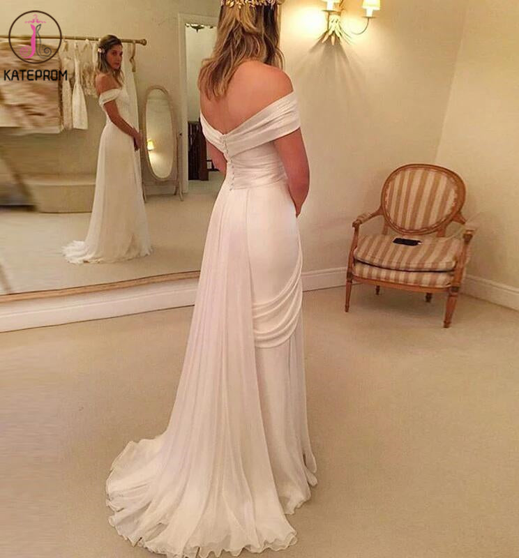 A-Line Off-the-Shoulder Wedding Dresses,Long Chiffon Beach Wedding Dress with Lace Split KPW0039