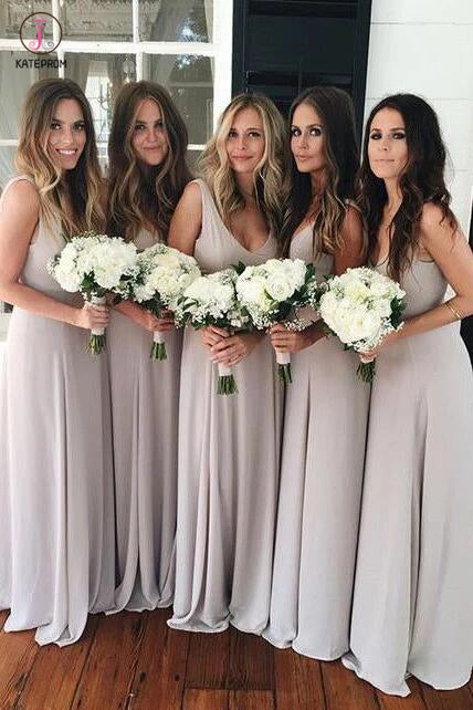 Simple Silver Sleeveless V-neck Ruched Floor-length Bridesmaid Dresses KPB0059