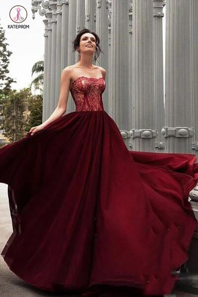 A-Line Strapless Burgundy Long Prom Dress With Lace,Charming Evening Dress KPP0416