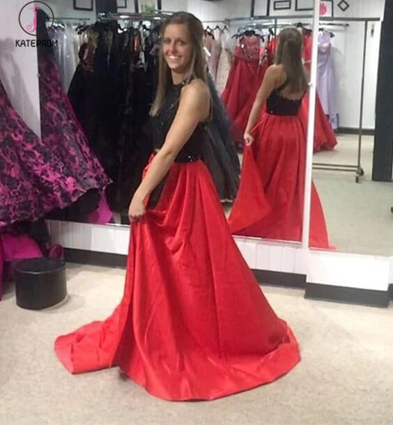 Red and Black A-line Jewel Split Sleeveless Lace Long Prom Dress,Party Dress KPP0332