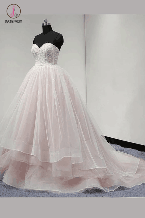 Light Pink Strapless Sweetheart Charming Affordable Layers Long Prom Dresses Ball Gown KPP0271