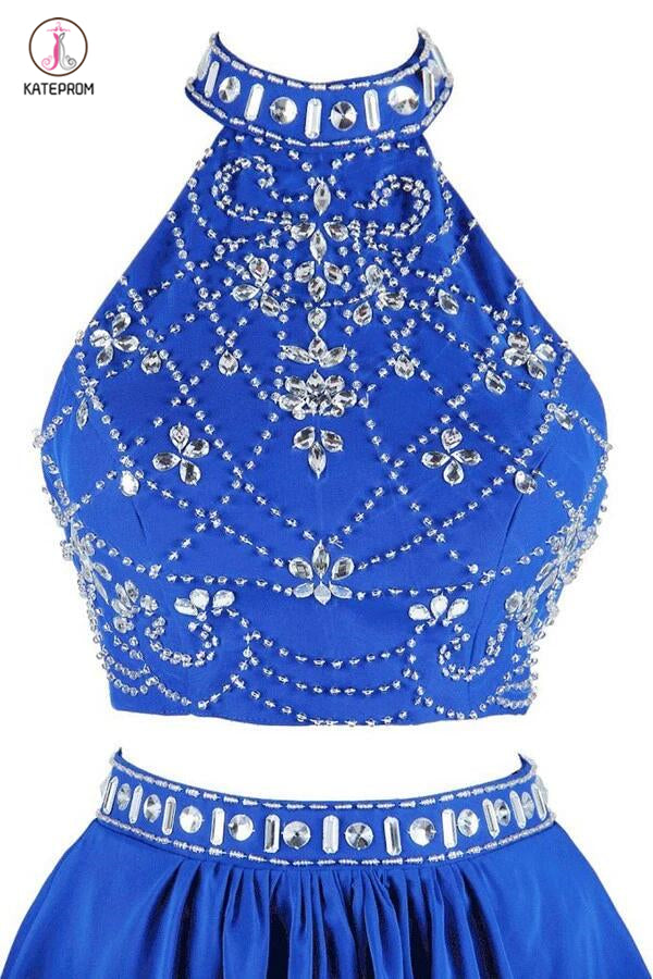 Two-piece High Neck Short Blue Chiffon Prom Dresses Homecoming Dresses KPH0026