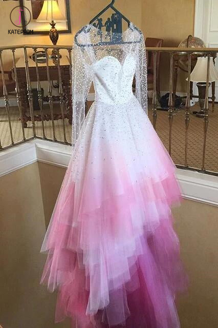 A-line Colorful Pink and White Long Sleeves Sheer Long Wedding Dress,Ombre Bridal Gown KPP0278