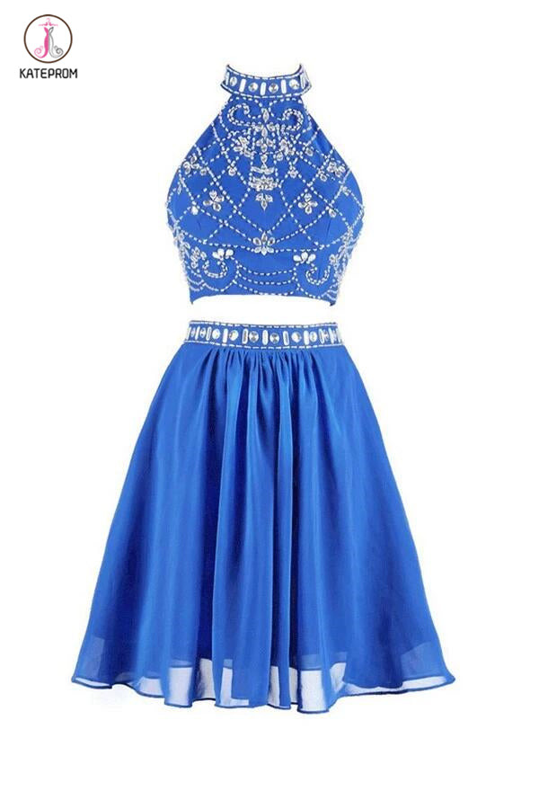 Two-piece High Neck Short Blue Chiffon Prom Dresses Homecoming Dresses KPH0026