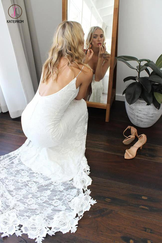 Spaghetti Straps Lace Wedding Dress with Side Slit, Ivory Long Backless Split Bridal Dresses KPW0215