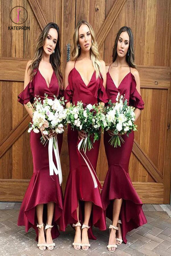 High Low Burgundy V Neck Bridesmaid Dress, Mermaid Spaghetti Strap Bridesmaid Dress KPB0137