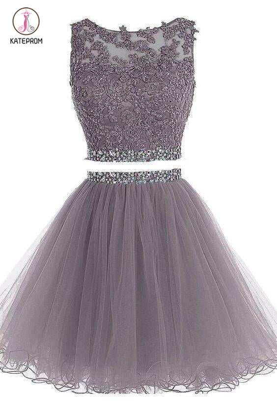 Two Piece Homecoming Dresses,A-line Tulle Appliqued Homecoming Gown with Beads KPH0110