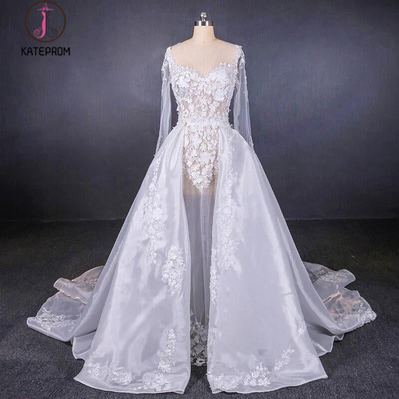 Gorgeous Long Sleeves Sweetheart Wedding Dress, White Bridal Dresses with Applique KPW0471