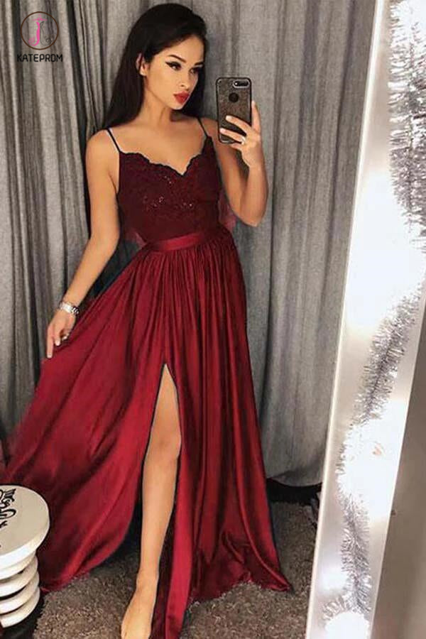 Jade Spaghetti Straps V neck Split Prom Dress with Lace,Maxi High Split Evening Gowns KPP0440