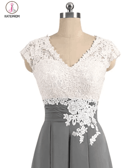 Gray V-neck Cap Sleeves Lace Applique Chiffon Mother of the Bride Dresses KPM0006