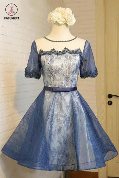 A-Line Crew Knee-Length Short Sleeves Lace Homecoming Dress,Fashion Graduation Dress KPH0250