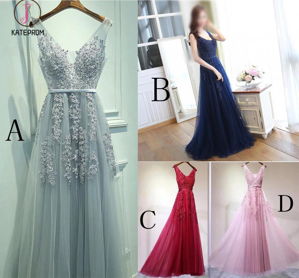 A-Line V-Neck Sleeveless Tulle Prom Dress with Lace Appliques,Long Homecoming Dress KPP0293