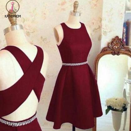 Burgundy Cute Short Prom Dresses,Sleeveless Satin Homecoming Dress,Party Dress with Beads KPH0218