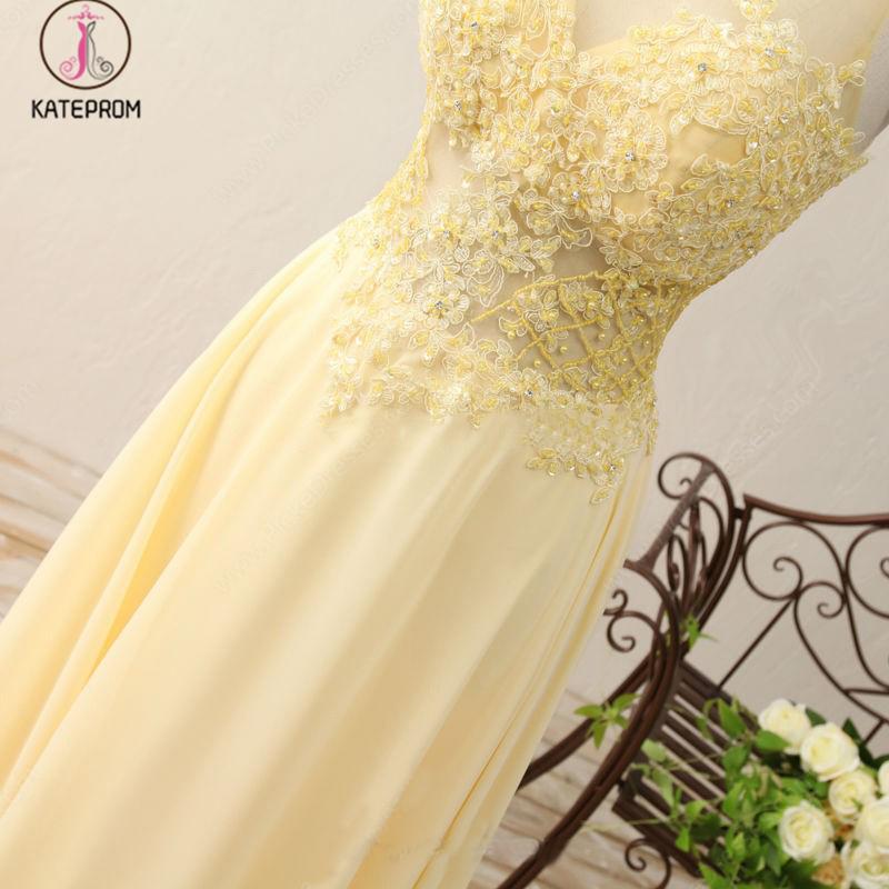 A Line Jewel Sleeveless Appliqued Prom Dress with Beading,Yellow Chiffon Evening Dress KPP0469