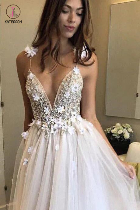 Deep V-neck Beading Prom Dresses,Straps Tulle Appliques A-line Custom Beach Wedding Dress KPW0033