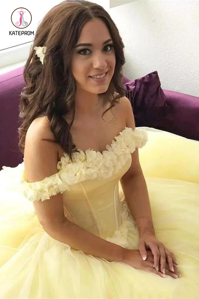 Yellow Ball Gown Quinceanera Dresses 3D Flowers Off Shoulder Sweet 16 Princess Prom Gowns KPW0348